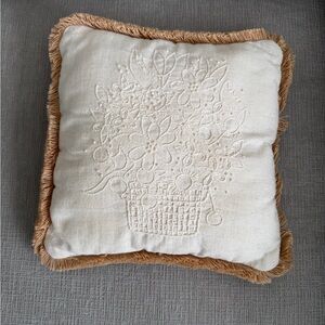 Handmade crewel work flower basket throw pillow with trim